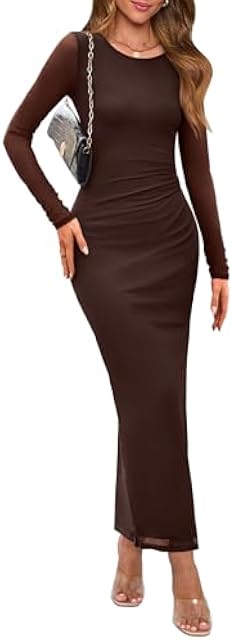 Women's Bodycon Maxi Dress Fall Fashion Long Sleeve Floral Print Tight Fitted Party Club Ruched Dresses