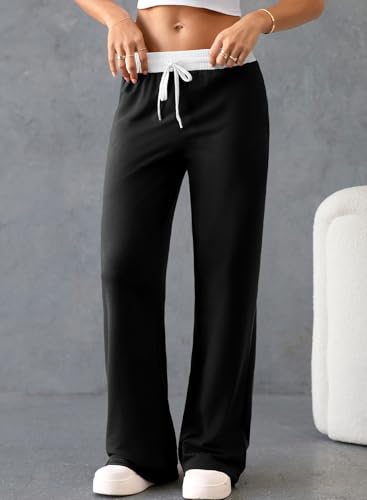 Herseas Women's Contrast Color Waistband Sweatpants Wide Leg Pants with Drawstring Buckle3