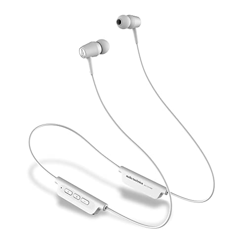 Audio-Technica CLR100BT Bluetooth Neckband with 200 Hours Standby Time Volume Control Extra Bass IPX2 Water Resistant Noise Isolation and Magnetic Buds (White)