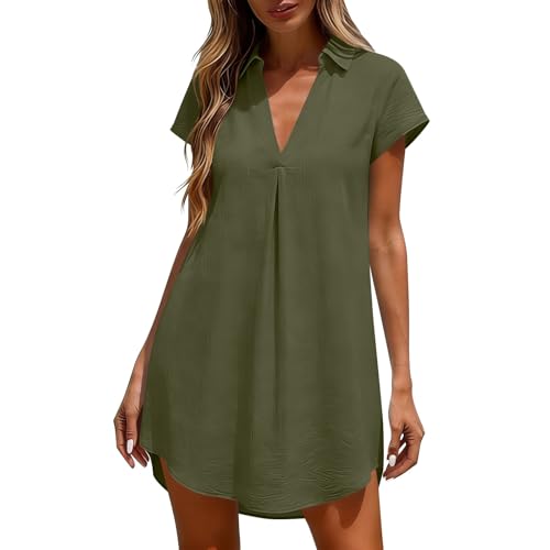 Generisch Vestido de muselina para mujer, de verano, manga corta, vestido de playa, minivestido de cuello en V, informal, vestido de verano, vestido de blusa, monocolor, elegante, vestido camisero