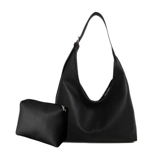 Ruvafeny Bolsas Hobo Slouchy para mulheres, 2 peças, conjunto de carteira de couro vegano, bolsa com zíper, bolsa tiracolo, B - preto - 2 peças, 15.8'L x 4'W x 15.8'H
