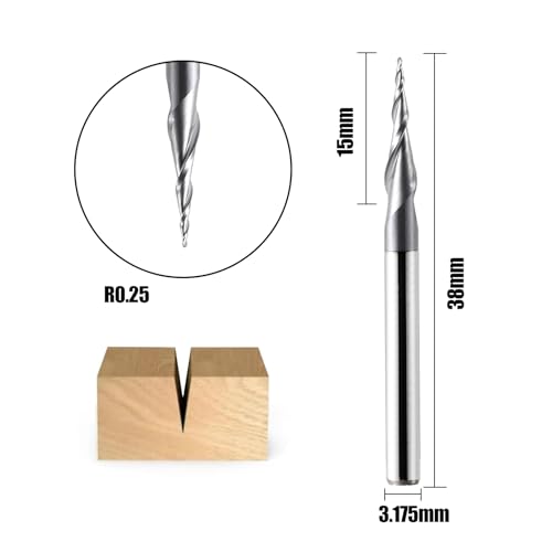 2 Stück 2 Flöten Kugelkopffräser mit Konischer Spitze CNC Gravierfräser R0,25mm 3,175mm (1/8\) Schaft Vollhartmetallfräser für Oberfräse mit TiAlN Beschichtung für 2D und 3D Gravur
