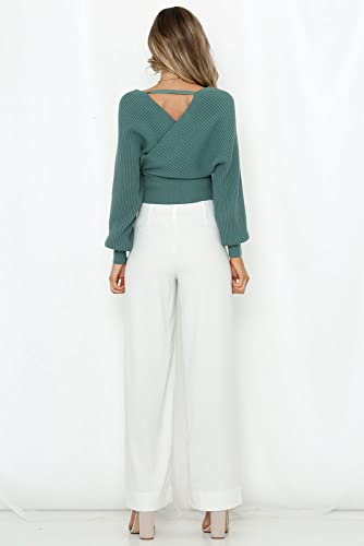 Image of ZAFUL Womens V Neck Cropped Wrap Sweaters Drop Shoulder Lantern Sleeve Pullover Tops Winter Sexy Cross Ribbed Clothes