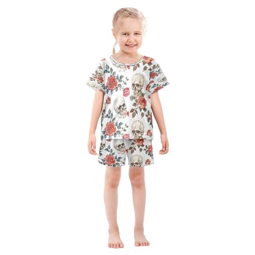 senya Short Sleeve Pajamas Sets Summer Cotton Sleepwear Skulls Red Roses3