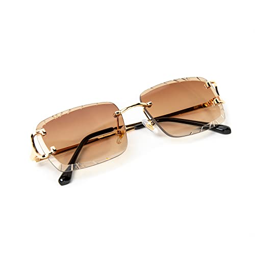Street Knitted Rimless Luxury 90's Hip Hop Square Gem Cut Summer Beach Sun Glasses Retro Brown Orange Tint Shades Gold Wire Metal Frame Rectangular Diamond Cut Lens Frameless Sunglasses For Men Women4