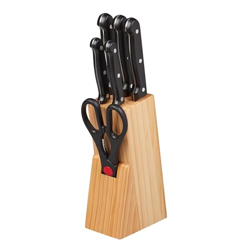 Chef Aid 7 Piece Knife Block Set, Pinewood Knife Block with 5 Kitchen Knives and All-Purpose Scissors, All with Shaped Grip Handles