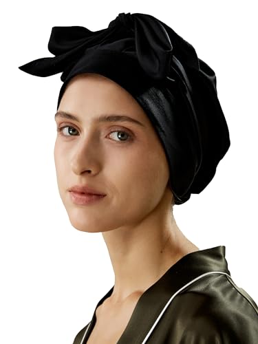 LilySilk 100% 22MM Pure Mulberry Silk Sleep Cap Womens Bonnet for Sleeping and Hair Care Night with Long Band for Black