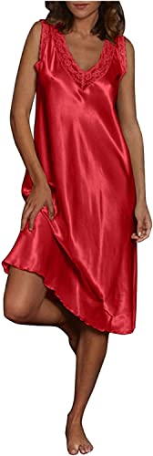Chemise de nuit col en V rouge S : confort respirant et finitions élégantes en dentelle