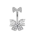 Niaspi 14G Rhinestone Bowknot Belly Button Ring for Women - Stainless Steel CZ Crystal Bow Navel Curved Barbell - Sparkling Body Piercing Jewelry (White)