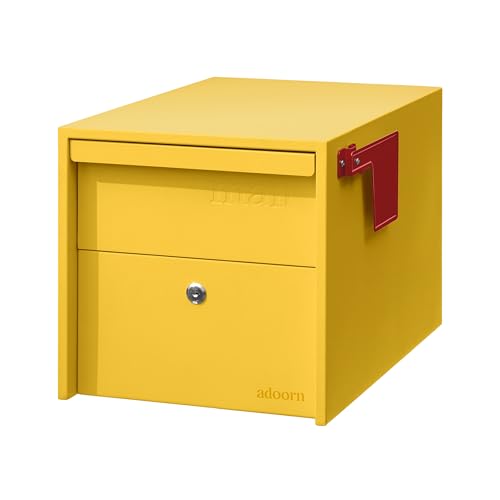 Image of Adoorn Lockable Post Mount Mailboxes for Outside - Small Anti-Theft Locking Mailbox for Packages and Letters - Weatherproof Construction - Durable Steel - 12 inch H x 12 inch W x 18.5 inch D - Yellow
