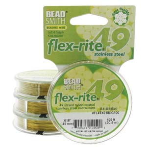 The BeadsmithFlex-Rite Wire – 49 Strand, Nylon Coated, Stainless Steel Beading Wire – Satin Gold Color, 018” Diameter, 100-foot Spool – Flexible Wire for Necklace, Bracelet and Jewelry Making