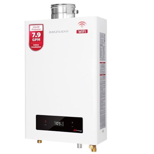 MIZUDO 180k Tankless Water Heater Propane Indoor Installation, Max 7.9 GPM, 180,000 BTU, WiFi&APP Control CSA Certified Non Condensing High Efficiency for Large Families Residential Whole House