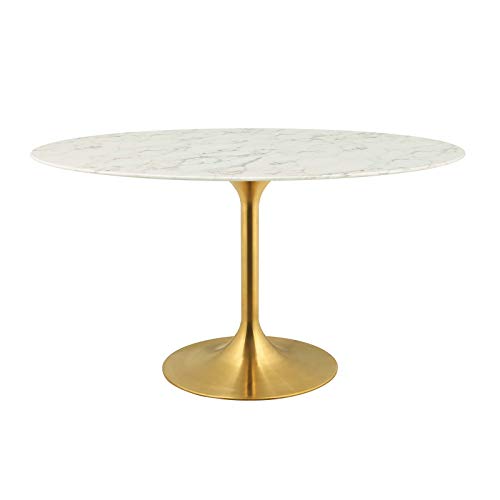 Image of Modway Lippa 54 inch Oval-Shaped Mid-Century Modern Dining Table with Artificial Marble Top and Gold Base