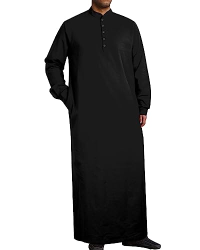 Jacansi Muslim Thobe for Men Kaftan with Pockets Button Down Long Gown Men's Arab Thobe Long Sleeve