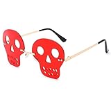 NULOOQ Rimless Halloween Skull Sunglasses, Festival Skull Glasses for Women Men (Skull Red)