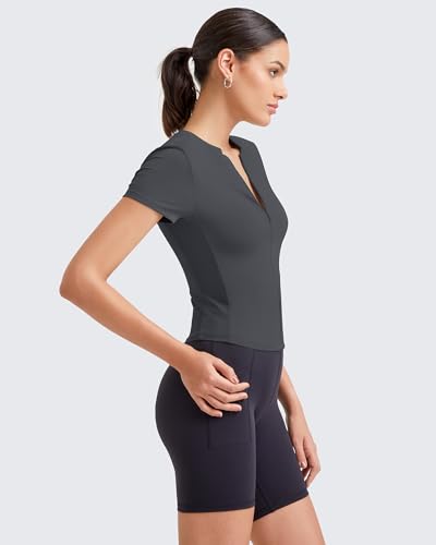 Image of G4Free BareFeel Womens Workout Tops Short Sleeve Half Zip Slim Fit Athletic Shirts Gym Running Yoga Slight Crop Tshirts