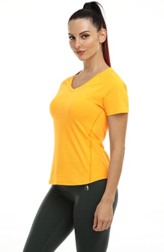 Icyzone V-Neck Workout T-Shirts For Women, Fitness Athletic Yoga Tops, Running Exercise Gym Short Sleeves (Citrus, S) #TOP2