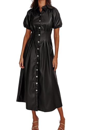 Womens Faux Leather Lapel Collared Pleated Button Down Short Sleeve Tunic Midi Dress Casual A-line Long Dress
