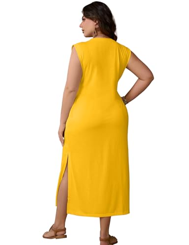 Image of UOUA Women Summer Maxi Dresses Plus Size Casual Hawaiian Sundress Sleeveless Loose Split Beach Dress with Pockets
