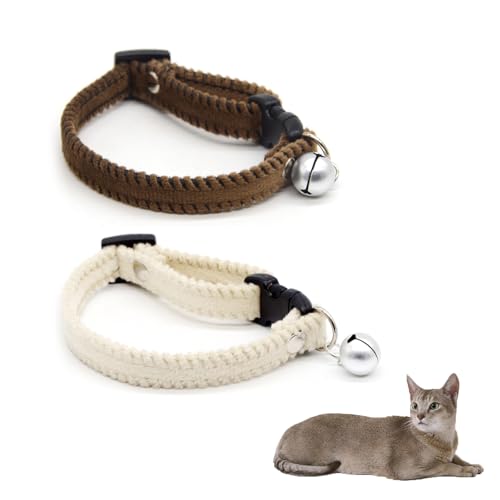 XHZaoan Furry Breakaway Cat Collar with Bell Adjustable 16-25cm Kitten Collar - Cat Collar with Bell Furry Breakaway Collar for All Types of Cats and Small Dogs (White&Brown) (L)