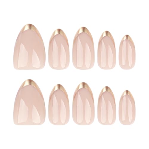 Image of Secret Lives Glossy Nude Pink Press-On Nails with Gold French Tips - Almond Shape Artificial False Nails 24-Pieces Set with Kit