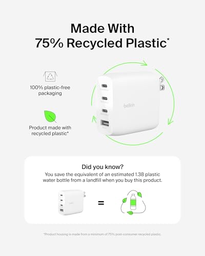 Image of Belkin 112W 4-Port GaN Charger Block, USB-C Power Delivery Super Fast Charging & USB-A Port - MacBook, Samsung Galaxy S25, Apple iPhone 17, Air, iPad, Google Pixel, Nintendo Switch 2, etc. - White