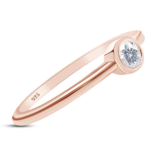 SAVEARTH DIAMONDS 1/10 Carat Round Cut Bezel-Set Solitaire Moissanite Lab Created Diamond Engagement Ring In 14K Gold Over Sterling Silver (0.10 Cttw)