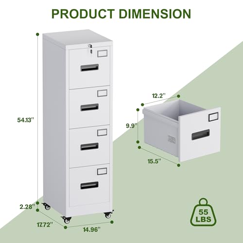Image of Aobabo Metal 4 Drawer File Cabinet with Lock and Wheels,White | metal filing cabinet for letter /legal files and small office storage.