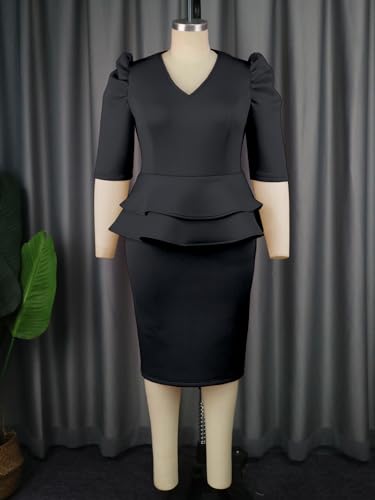 ONTINVA Women V-Neck Plus Size Peplum Dress Church Wear to Work Bodycon Short Sleeve Midi Dresses3