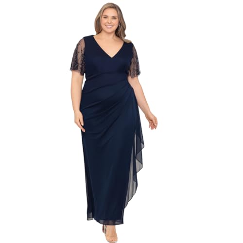Xscape Women's Plus Sheer Matte Jersey Maxi Dress with Beaded Sleeves and Side Ruching