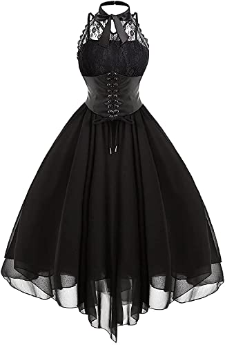 SHALOLY Women's Sleeveless Gothic Bandage Lace Dress with Corset Halter Lace Swing Tulle Prom Dress Dress Formal Halloween Punk Hippie Dress (Black L)