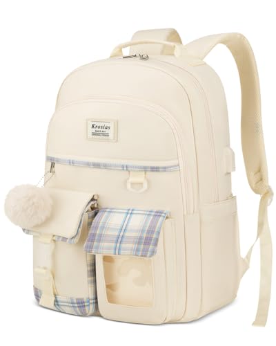 School Backpack for Teen Girls, Cute Kawaii Plaid Bookbag College Backpacks for Women 15.6 Inch Laptop Bag for Kindergarten Elementary Preschool Middle High School Students, Beige