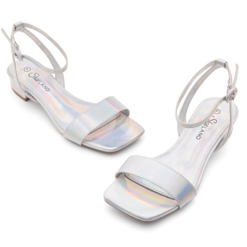 Image of Shoe Land Low Heels for Women 1 Inch Chunky Block Heeled Sandals Square Open Toe Strappy Ankle Strap Dressy Sandals for Wedding Prom Party Office