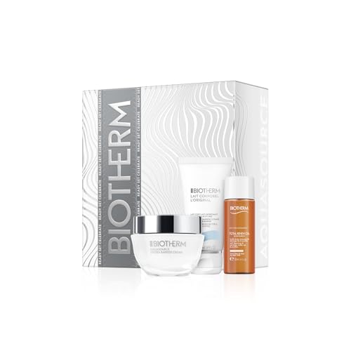 Biotherm Aquasource Hydra Barrier Holiday Set (Hydra Barrier Cream 50ml, Biosource Total Renew Oil 30ml & Lait Corporel 50ml), feuchtigkeitsspendendes Pflegeset für Gesicht und Körper