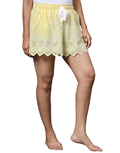 Image of B STORIES Women's Cotton Yellow Embroidery Lounge Shorts (LSHOR-004-18015-M, Medium, Yellow)