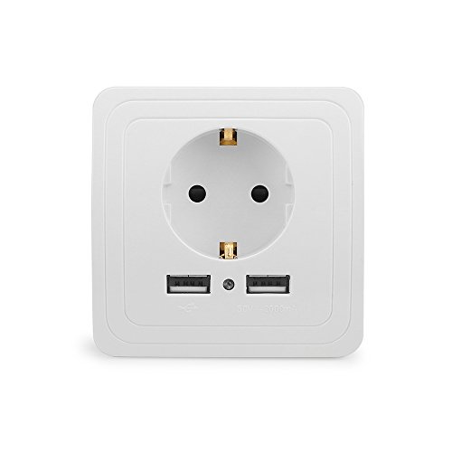 HaavPoois Enchufe USB Schuko Blanco, 250 V Enchufe Empotrado con 2 x conexión USB Enchufe de Pared de Contacto Protector Adecuado en Enchufe estándar Empotrado para teléfono Inteligente, Tableta, MP3 Cover