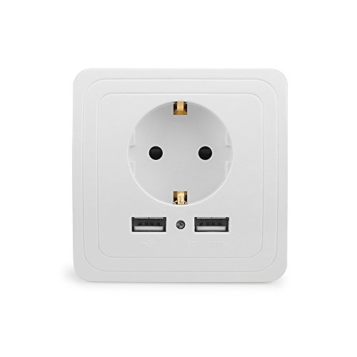 HaavPoois Enchufe USB Schuko Blanco, 250 V Enchufe Empotrado con 2 x conexión USB Enchufe de Pared de Contacto Protector Adecuado en Enchufe estándar Empotrado para teléfono Inteligente, Tableta, MP3