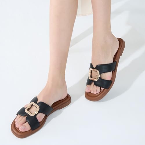 Image of UBFEN Womens Square Toe Flat Sandals Slides Dressy Comfortable for Beach