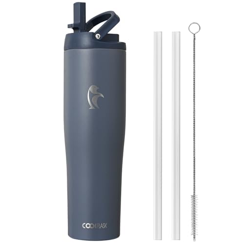 Image of Coolflask 40 oz Insulated Water Bottle Fits Cup Holder with Straw & Handle