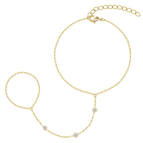 gelbesty Hand Chain Bracelets for Women, 14K Real Gold CZ Diamond Bezel Beaded Bracelets, Dainty Adjustable Bracelets for Women Trendy Waterproof, Jewelry Gifts for Women2