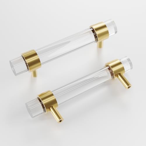 foxwake Adjustable Acrylic and Brass Cabinet Pulls Center to Center 4Set Modern Gold and Clear Dresser Handle Unfinished DIY Gorgeous Knobs for Kitchen Drawer Closet 0~4.3Inch 4Pack