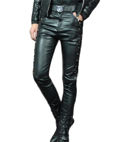 GPCHAN Men's Side Lace up PU Leather Pant Jeans Trouser Black Hip Hop Skinny Biker Pants2