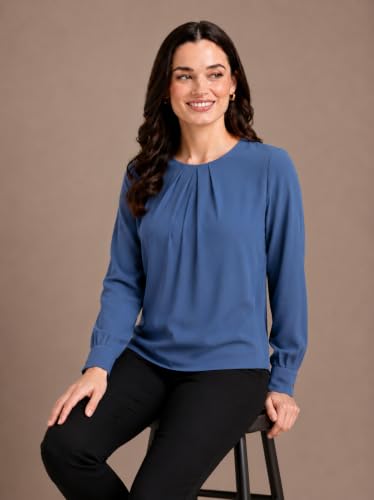 Image of Mirana Women's Full Sleeve Solid Top | Round Neck Pleated Front Regular Fit Office Casual Blouse with Button Cuffs