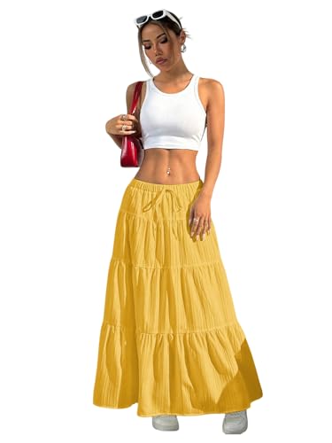 Image of Verdusa Women's Long Maxi Skirt Boho Flowy Flared Ruffle Skirts 2026 Beach Vacation Summer Going Out Outfits