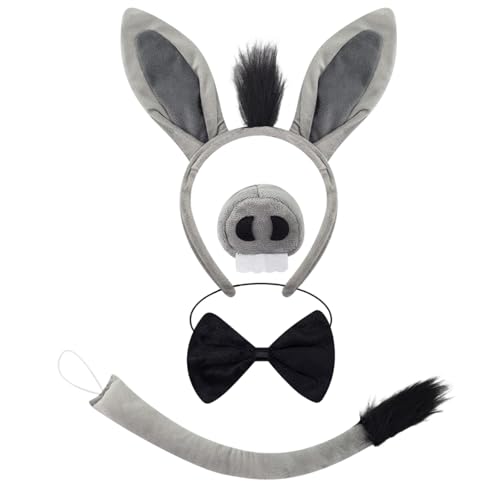 BOGCLEE 4 Piezas Set de Accesorio de Disfraz de Burro, Diademas Orejas de Animales, Orejas de Burro Cola Diadema Nariz Pajarita, Disfraz de Burros para Fiesta Cumpleaños