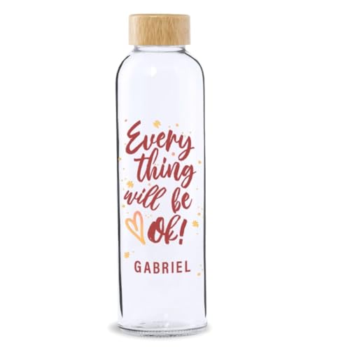 DEREGALOOS Garrafa de Vidro Personalizável com Frases Inspiradoras. 500 ml com Tampa de Bambu. Design Motivacional para Escritório, Ginásio, Presentes Especiais. (Frase - Tudo vai ficar bem!)