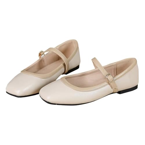 TN TANGNEST Ballet Flats for Women Soft Leather Ankle Buckle Shoes Comfortable Square Toe Mary Jane Flat 20
