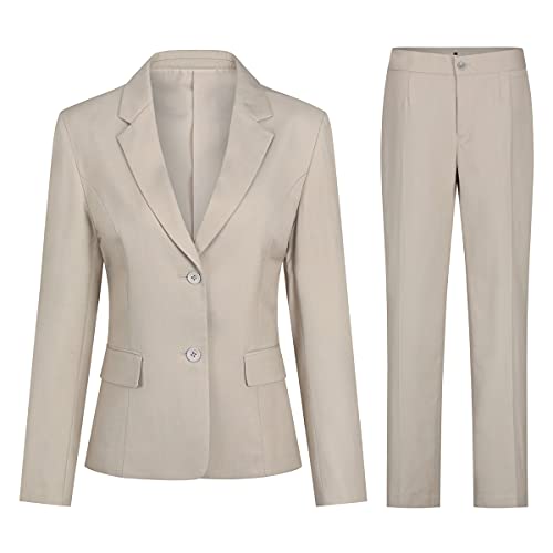 Women's 2 Pieces Office Suit Set Long Sleeve Blazer Jacket And Suit Pants Beige Gray #TOP18