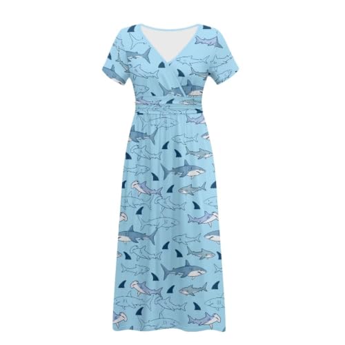 Image of Women's Fall Summer Short Sleeve Ankle Length V-Neck Party Dress with Pockets Size S-3XL
