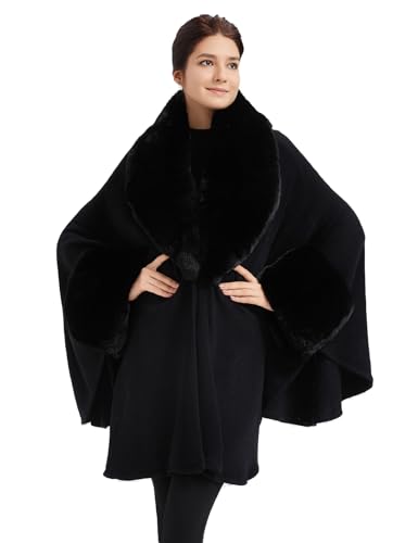 Women Cape Poncho with Fur Trim Winter Faux Fur Shawl Wrap Coat Sleeveless Cardigan Cloak2
